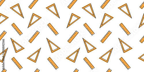 seamless pattern with yellow ruler and triangle ruler on white background. hand drawn vector. landscape background for cover, backdrop, wrapping paper and gift. doodle stationery for office and school