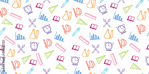 seamless pattern with stationery for office and school isolated on white background. colorful thin outline, hand drawn vector. modern scribble for kid, learn, banner, fabric, wallpaper, wrapping. 