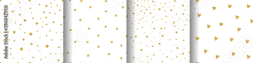 Seamless brilliant glitter pattern set. Gold shiny sparkles, stars, hearts isolated on white background. Sparkling random festive confetti. Trendy Vector illustration for holidays, Christmas, Birthday