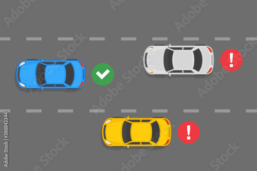 Most used and basic car position on the lane. Flat vector illustration template.