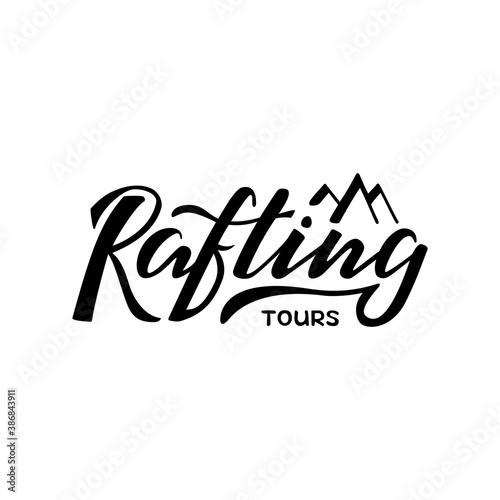 Vector illustration of rafting tours brush lettering for banner, leaflet, poster, clothes, logo, advertisement design. Handwritten text for template, signage, billboard, printing, price list, flyer
