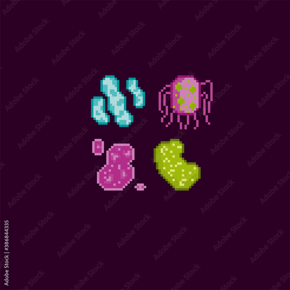 Bacteria and microbe pixel art icons set. Viral molecules. Micro organisms, virus, parasite, germs and bacilli isolated vector illustration. Design for logo, app. Observation in the microscope. 8-bit.