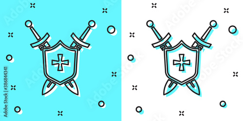 Black line Medieval shield with crossed swords icon isolated on green and white background. Random dynamic shapes. Vector.