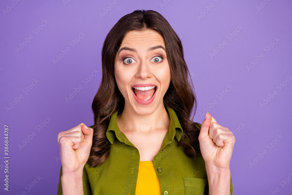 Close-up portrait of her she nice attractive pretty cheerful cheery glad brown-haired girl celebrating great success news isolated over bright vivid shine vibrant lilac violet purple color background - obrazy, fototapety, plakaty 
