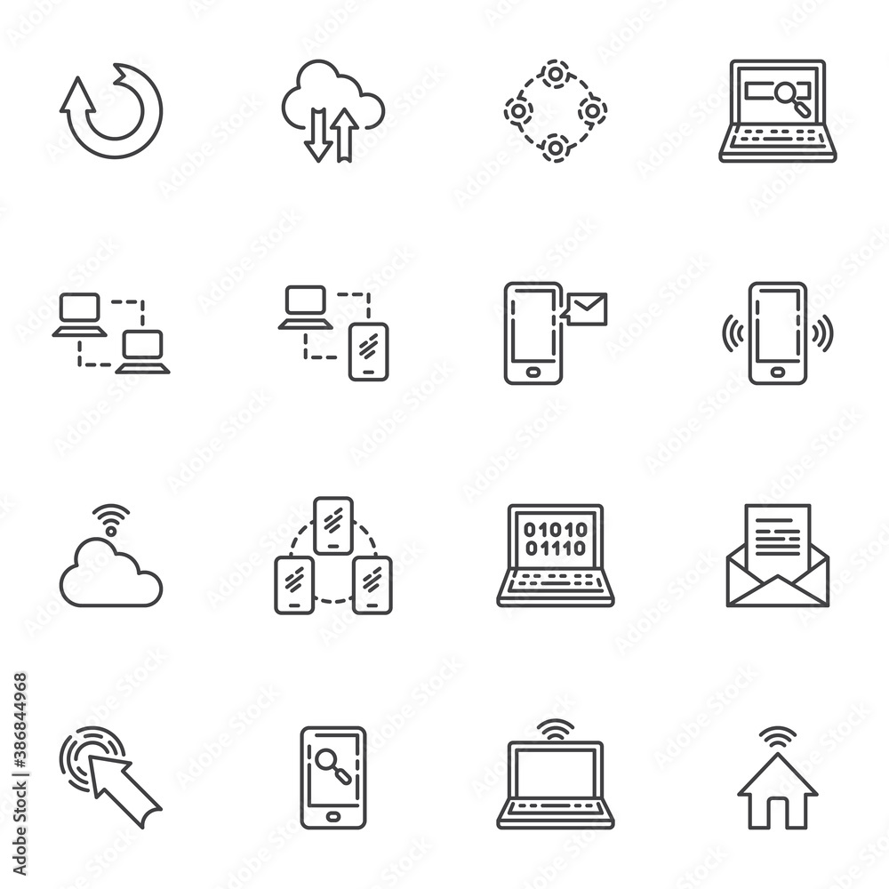 Network connection line icons set, social media outline vector symbol collection, linear style pictogram pack. Signs logo illustration. Set includes icons - computer server connection, cloud computing Network connection line icons set, social media outline vector symbol collection, linear style pictogram pack. Signs logo illustration. Set includes icons - computer server connection, cloud computing