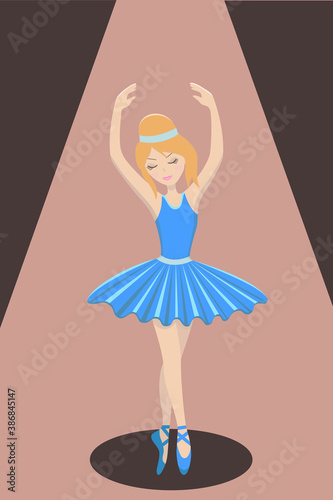 Beautiful girl ballerina in a blue dress dancing on stage in the spotlight. Vector illustration.