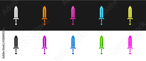 Set Medieval sword icon isolated on black and white background. Medieval weapon. Vector.