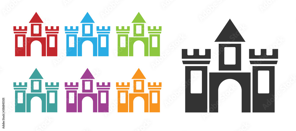 Black Castle icon isolated on white background. Medieval fortress with a tower. Protection from enemies. Reliability and defense of the city. Set icons colorful. Vector.