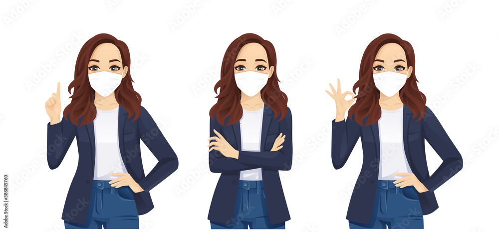 Sad beautiful business casual woman wearing protective mask as protection against transmissible infectious diseases and air pollution. Isolated vector illustration - obrazy, fototapety, plakaty 