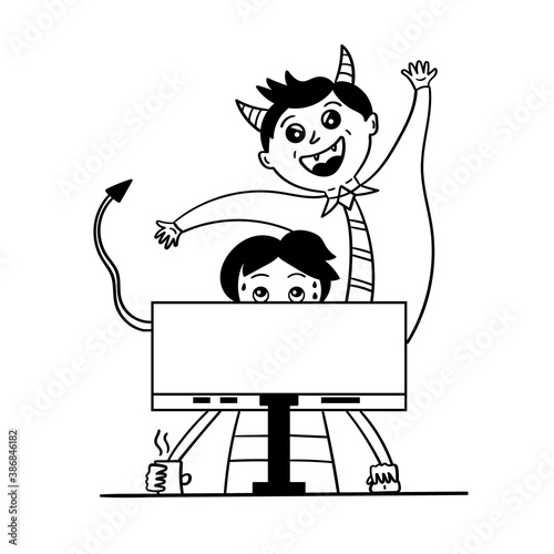 The boss scolds the employee. Devil boss. Deadline at work. Black and white vector graphics