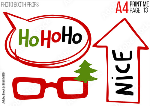Christmas holiday photo booth props A4 template. Vector xmas masquerade party costume accessories collection. Noel decoration. Happy new year cartoon illustration card background