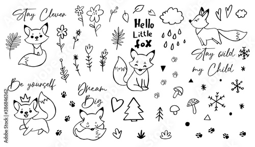 Doodle fox black and white sketch poster for nursery. Cartoon vector illustration. Cute graphic background. Fashion forest woodland print for kids. Animal scandinavian design for little baby room