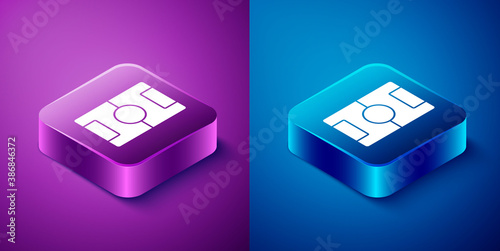 Isometric Football table icon isolated on blue and purple background. Hockey table. Square button. Vector.