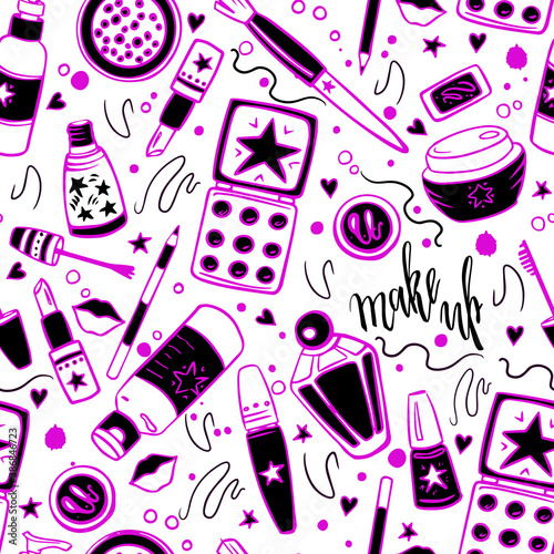 Vector seamless hand-drawn makeup pattern with text. Beautiful background, banner.On a white isolated background.