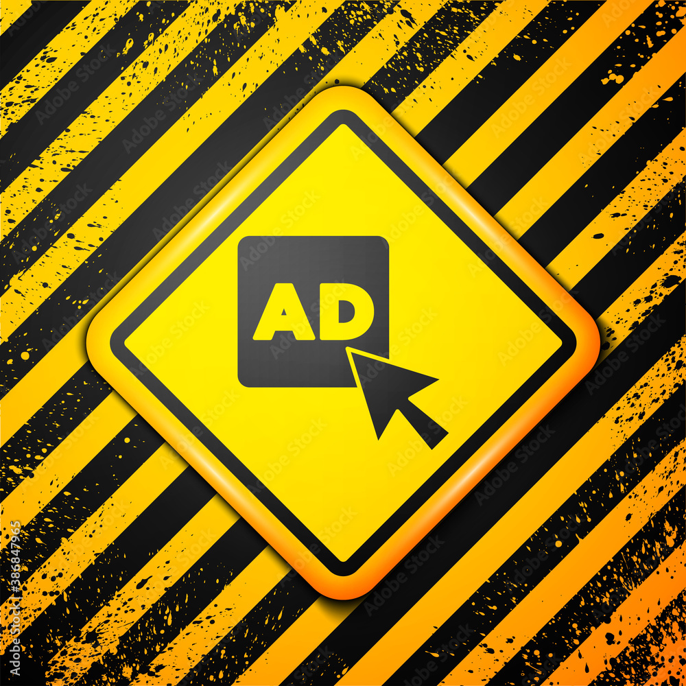 Black Advertising icon isolated on yellow background. Concept of marketing and promotion process. Responsive ads. Social media advertising. Warning sign. Vector. Black Advertising icon isolated on yellow background. Concept of marketing and promotion process. Responsive ads. Social media advertising. Warning sign. Vector.