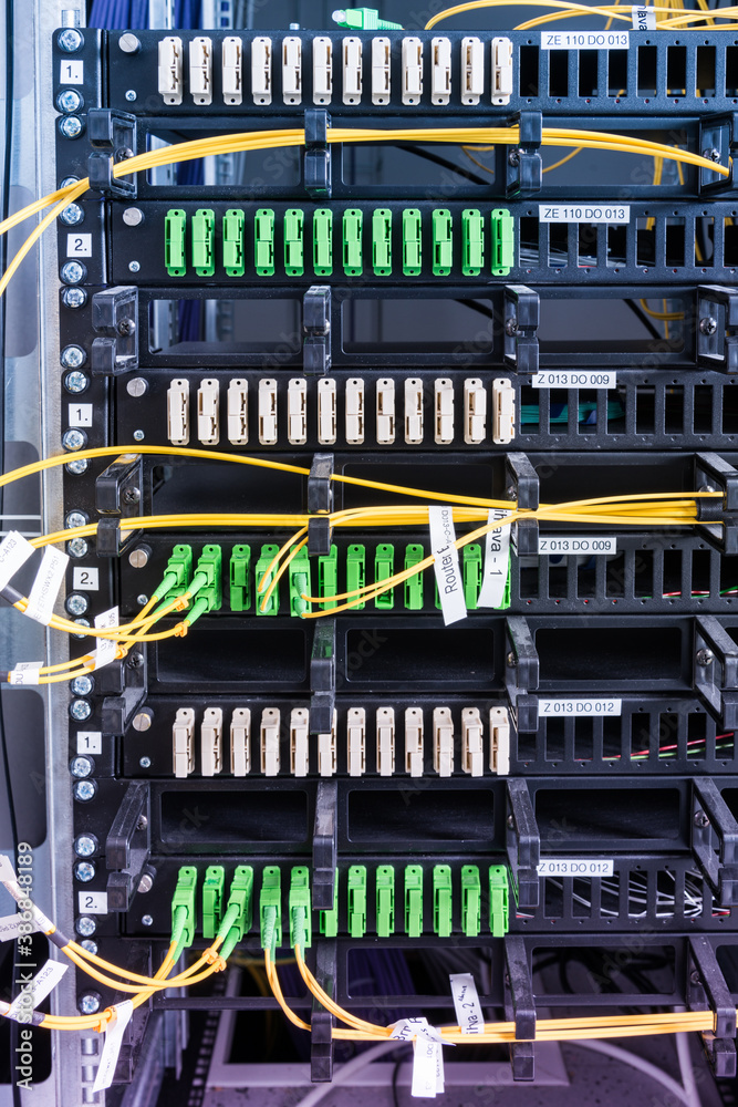 Fiber Optic cables connected to network switch Fiber Optic cables connected to network switch