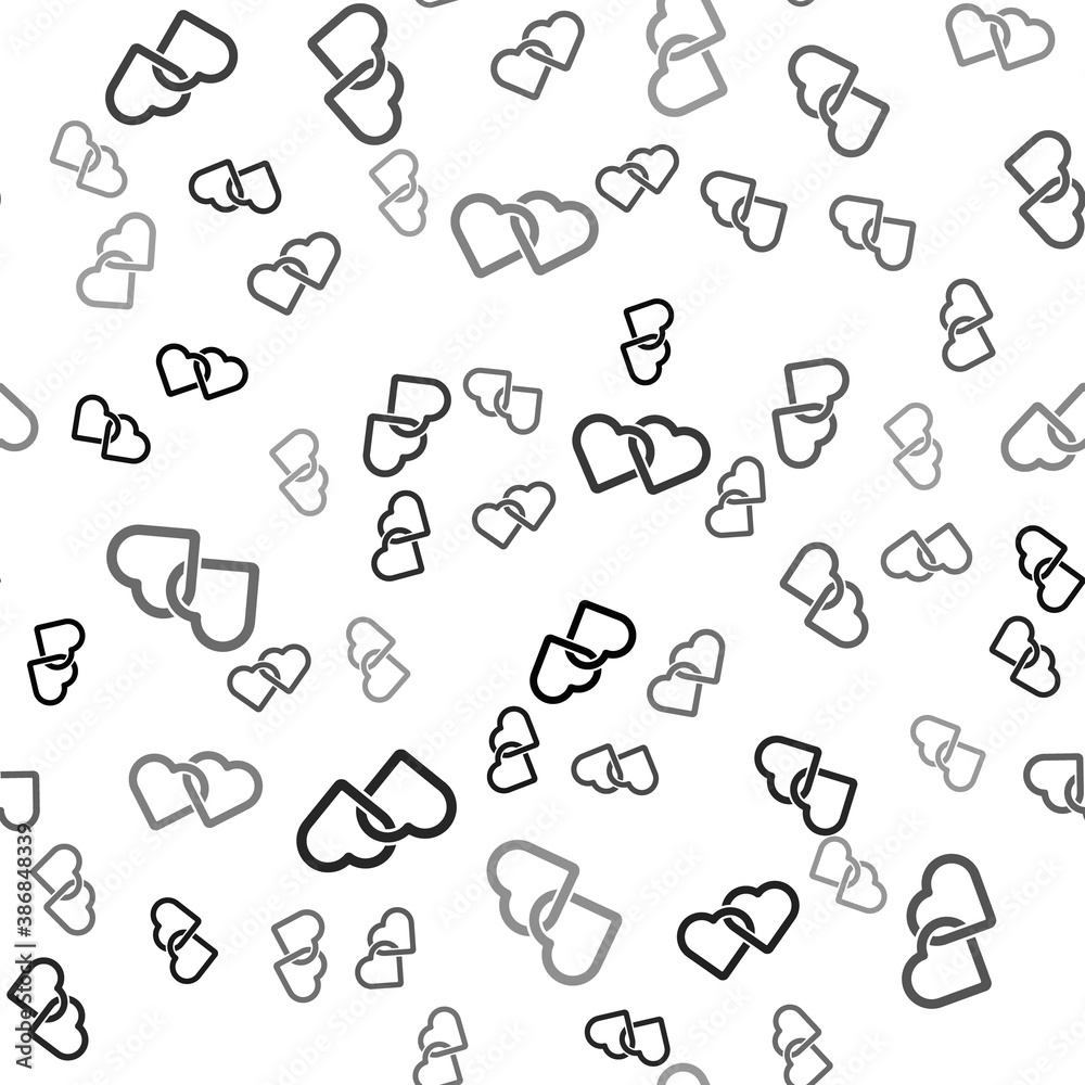 Black Two Linked Hearts icon isolated seamless pattern on white background. Romantic symbol linked, join, passion and wedding. Valentine day symbol. Vector. Black Two Linked Hearts icon isolated seamless pattern on white background. Romantic symbol linked, join, passion and wedding. Valentine day symbol. Vector.