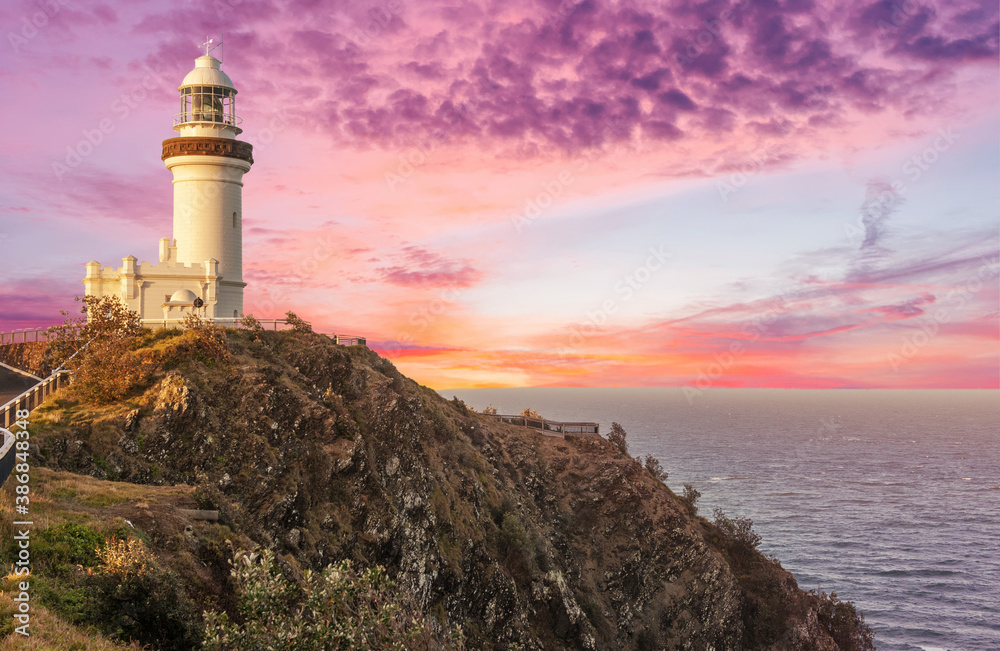 Cape Byron lighthouse in New South Wales in Australia at dramatic sunset