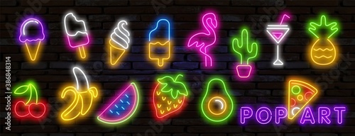 Pop art icons set. Pop art neon sign. Bright signboard, light banner. Vector illustration Pop art icons set. Pop art neon sign. Set of neon stickers, pins, patches in 80s-90s neon style.