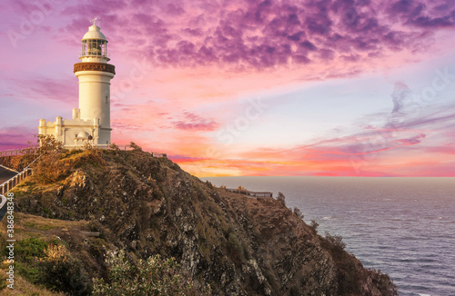 Cape Byron lighthouse in New South Wales in Australia at dramatic sunset