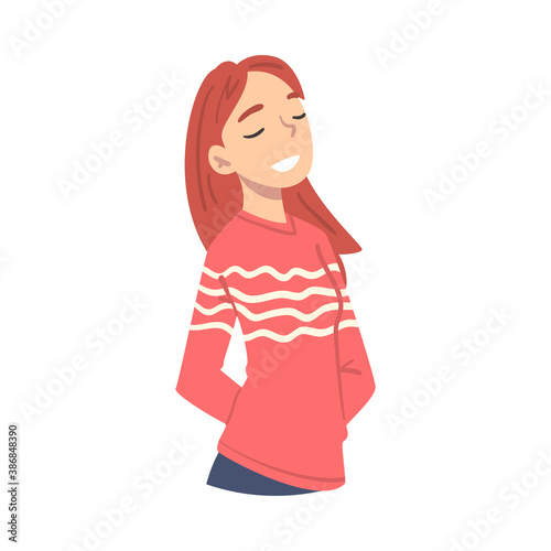 Redhead Girl Thinking up an Idea with Happy Facial Expression, Person Relaxing and Dreaming about Something Cartoon Style Vector Illustration