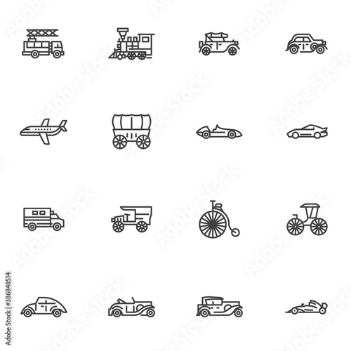 Retro transportation line icons set, outline vector symbol collection, linear style pictogram pack. Signs logo illustration. Set includes icons as locomotive, van truck, bicycle, sports car, coach