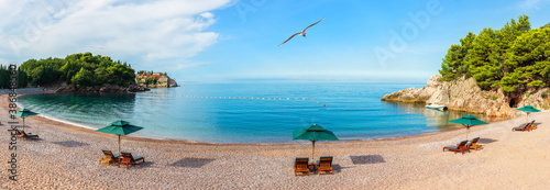 Beautiful panorama of the beach next to the Sveti Stefan island, Budva riviera, Montenegro