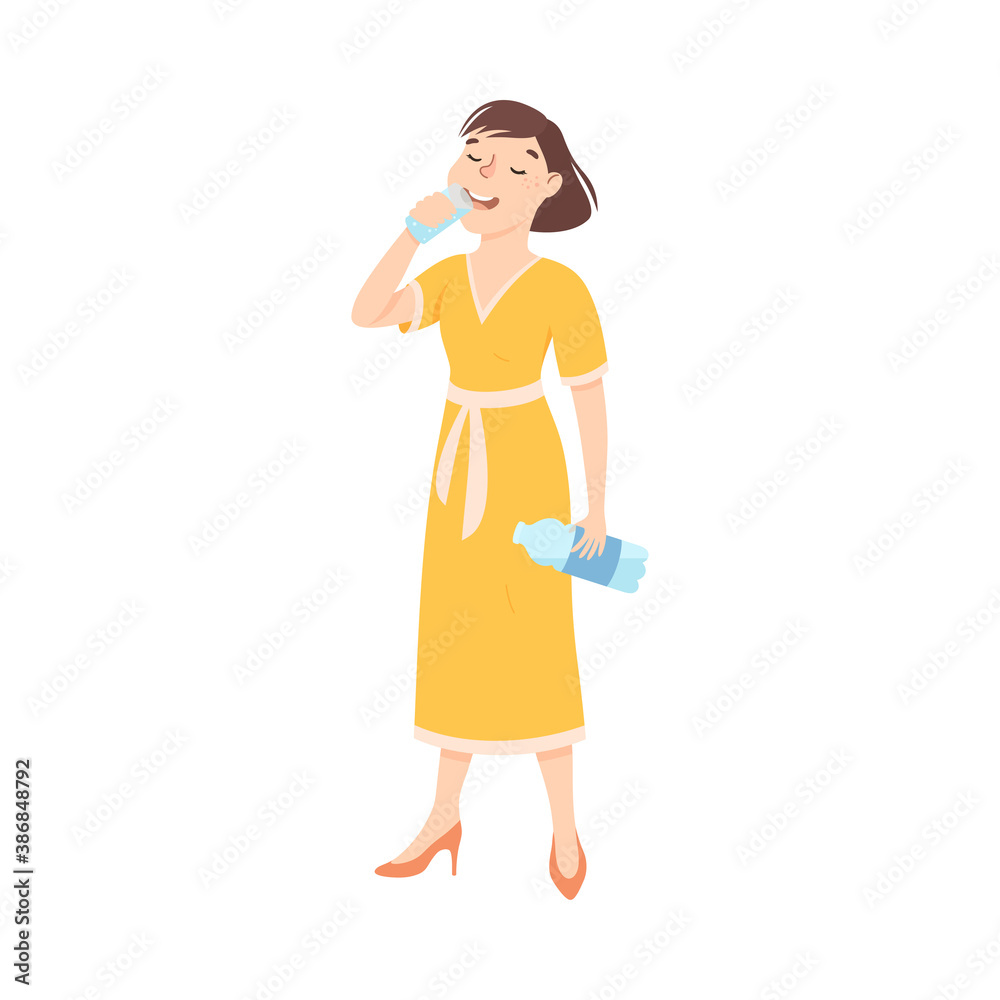 Woman Drinking Clean Water from Plastic Bottle, Fenale Person in Yellow Dress Quenching Thirst, Healthy Lifestyle Concept Cartoon Style Vector Illustration