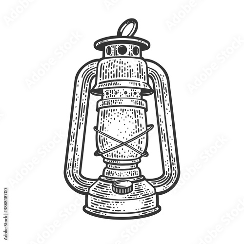 Kerosene lamp sketch engraving vector illustration. T-shirt apparel print design. Scratch board imitation. Black and white hand drawn image.