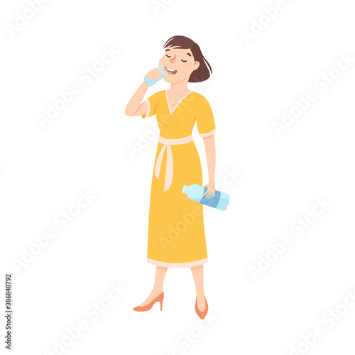Woman Drinking Clean Water from Plastic Bottle, Fenale Person in Yellow Dress Quenching Thirst, Healthy Lifestyle Concept Cartoon Style Vector Illustration