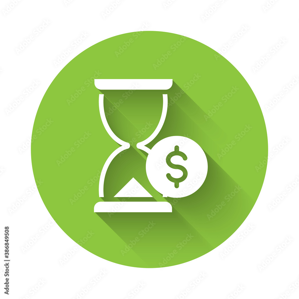 White Hourglass with dollar icon isolated with long shadow. Money time. Sandglass and money. Growth, income, savings, investment. Green circle button. Vector. White Hourglass with dollar icon isolated with long shadow. Money time. Sandglass and money. Growth, income, savings, investment. Green circle button. Vector.