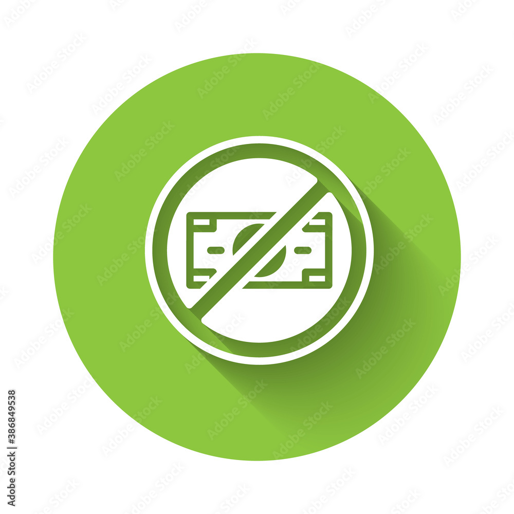White No money icon isolated with long shadow. Prohibition of money. Green circle button. Vector. White No money icon isolated with long shadow. Prohibition of money. Green circle button. Vector.