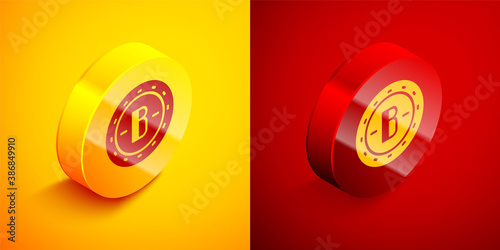 Isometric Cryptocurrency coin Bitcoin icon isolated on orange and red background. Physical bit coin. Blockchain based secure crypto currency. Circle button. Vector.