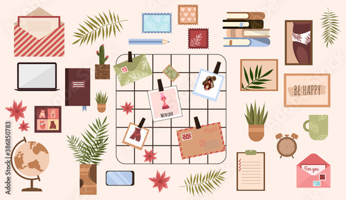 Set of items for home and office. Workplace and Workspace Home. Remote work. Isolated objects: flowers, lattice photo board, notebook, decor, books, paintings. Vector stock illustration.