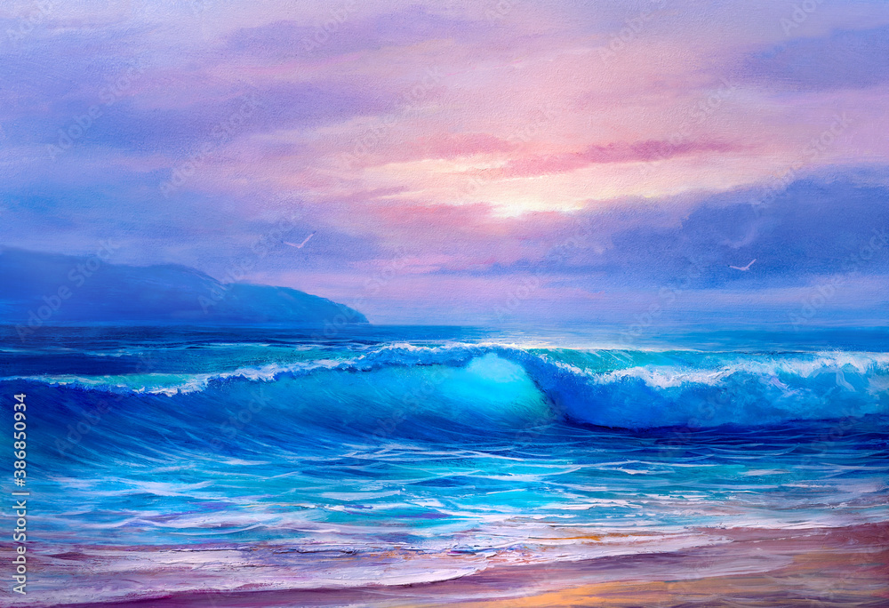 Original oil painting of sea and beach on canvas.