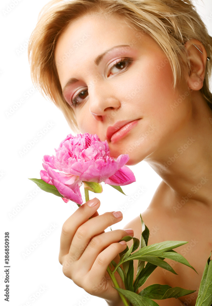 young woman with tree-peony flower young woman with tree-peony flower