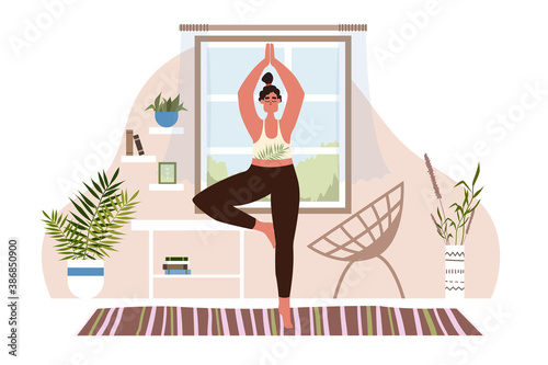 Woman Asana Vector Home. Girl Stretching at Home. Vector stock illustration