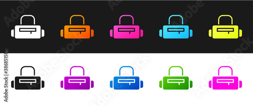 Set Sport bag icon isolated on black and white background. Vector.