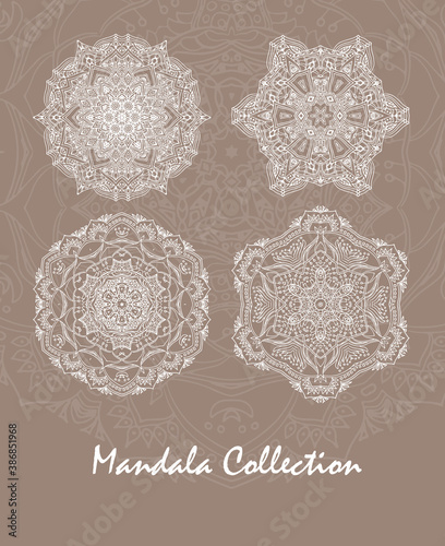 Circle mandala collection in white color. Relax and meditation, mandala set. 	