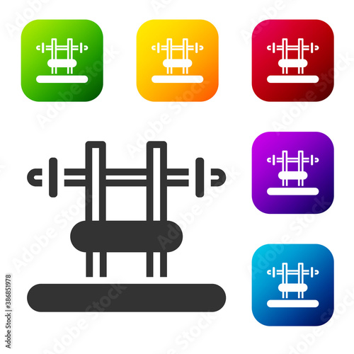Black Bench with barbel icon isolated on white background. Gym equipment. Bodybuilding, powerlifting, fitness concept. Set icons in color square buttons. Vector.