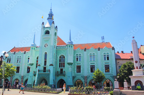 Town Hall in Mukachevo. Saints Cyril and Methodius Square Ratusha City Hall Frontal Side View, Zakarpattia Oblast, Ukraine. Ukrainian landmark. 