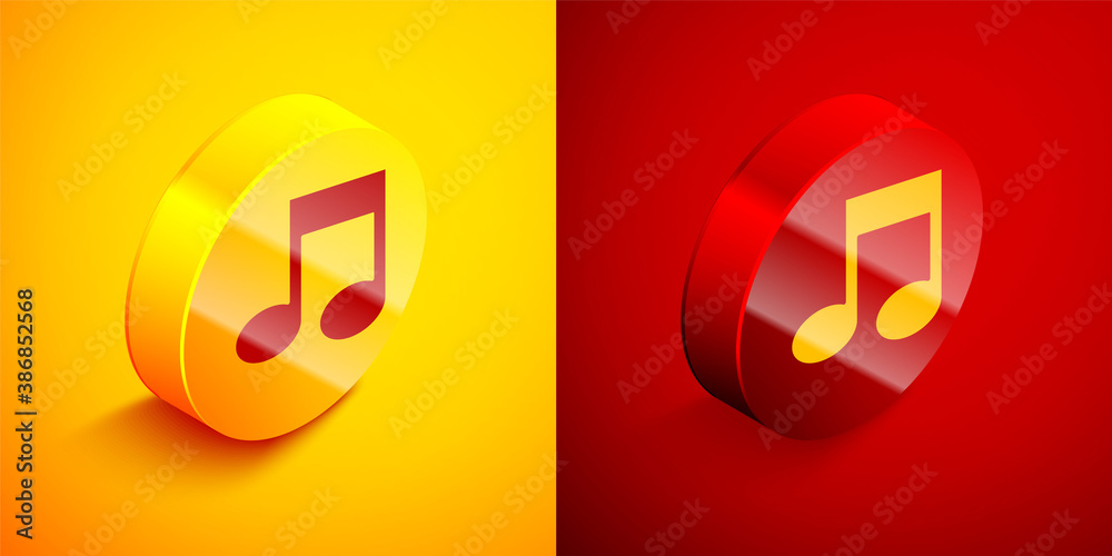 Isometric Music note, tone icon isolated on orange and red background. Circle button. Vector.
