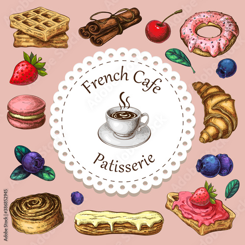cafe, patisserie or bakery banner, poster or background with pastries and desserts icons around cup of coffee on pink. vintage pastry frame, flyer or label design template wih sweets, berries, coffee.