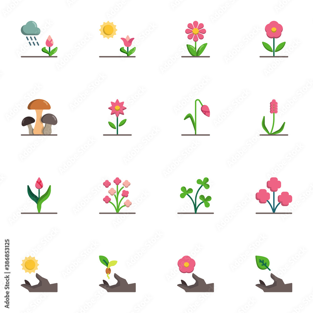 Flowers collection, flat icons set, Colorful symbols pack contains - growing tulip, chamomile petals, plant with leaf, mushroom, nature watering, seedling. Vector illustration. Flat style design