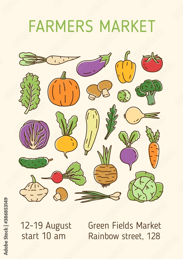 Colorful linear poster for farmers market with various vegetables and ...