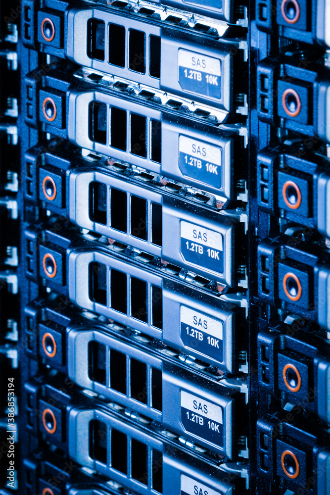 Array of data storage hard drives in internet data center