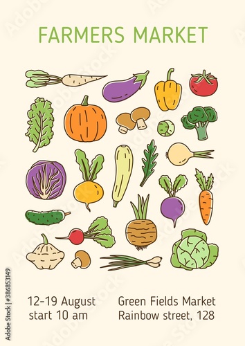 Colorful linear poster for farmers market with various vegetables and salad greens. Vertical placard with organic vegetarian products and a place for text. Vector line art illustration