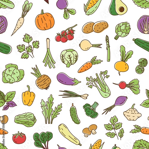 Colorful natural seamless pattern with vegetables and salad greens. Line art background with healthy organic products. Repeatable backdrop with veggies. Vector linear illustration