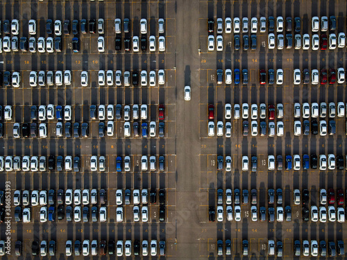 Fotografija Top view of new cars in a parking lot ready for export or import