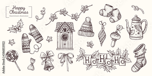 Christmas. Set of Christmas decor. House, birdhouse, kettle, mittens and hat, felt boots, Christmas decorations, mushroom, streamer, garland of stars, Christmas sock. Vector Hand Drawn. Sketch